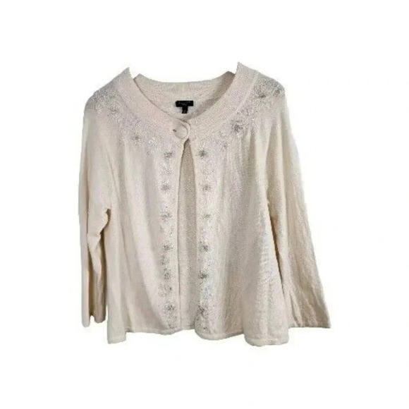 Vintage Talbots Cardigan Women Medium Beige Silver Flow Embellish Formal Retro - Picture 1 of 13